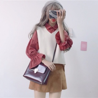 áo sơ mi nữ sơ mi ulzzang set kèm gile mỏng sơ mi tay loe bồng bánh bèo kiểu dáng hàn quốc