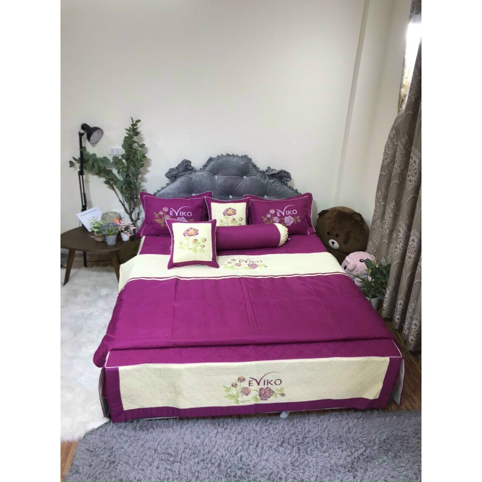 Set chăn ga gối satin 7 món thêu cực đẹp dùng phòng cưới,làm quà tặng biếu sang trọng có kèm túi