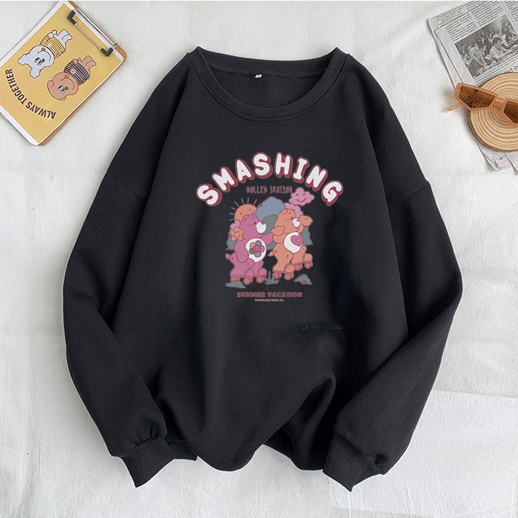 Áo hoodie cổ tròn vải lông cừu dày phong cách đường phố hip hop mới mùa thu đông 2021 cho nữ