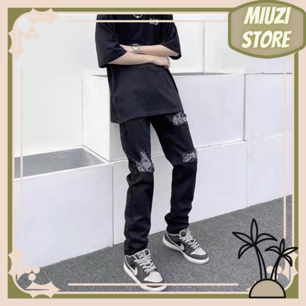 Quần jean nam rách gối họa tiết bandana,quần jean đen miuzi DT028 !