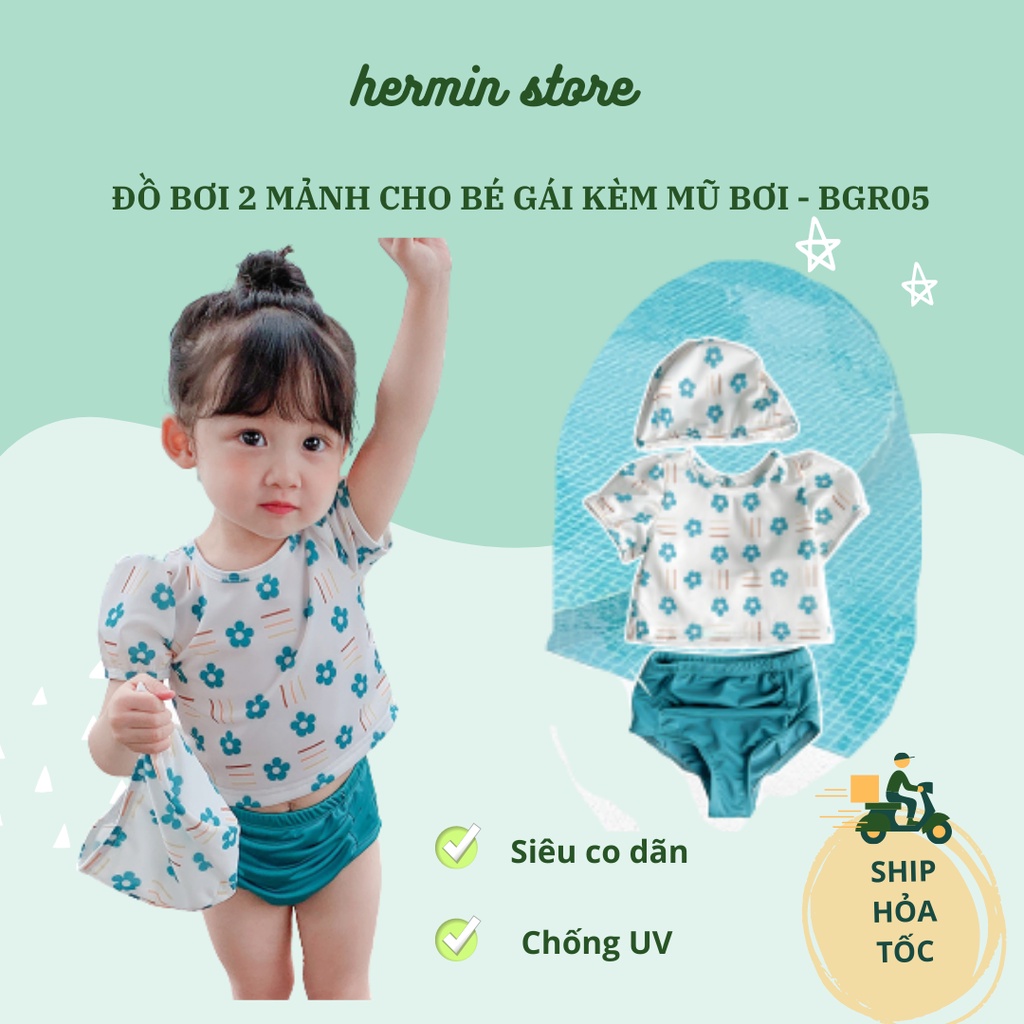 Đồ bơi bé gái - bikini bé gái 2 mảnh kèm mũ họa tiết hoa xanh siêu dễ thương - Mã BGR05