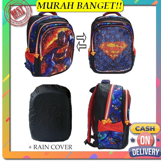 Ba Lô Đi Học Đính Kim Sa Hình Superman + Vỏ Bọc Nhập Khẩu Hợp Thời Trang Cho Bé Trai Tiểu Học
