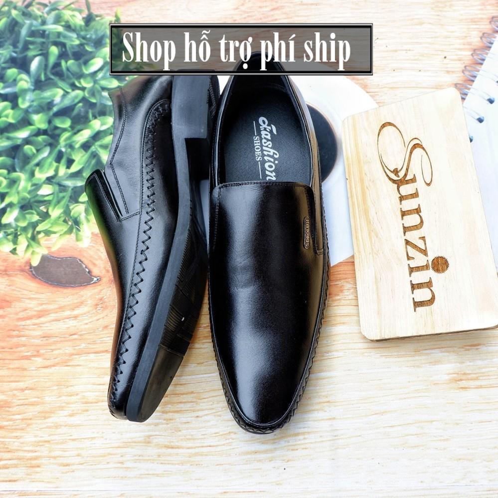 Hỗ trợ Ship- GIÀY DA THẬT sunzin 101D - Kiểu giày công sở không dây đứng đắn cho nam giới (model 2018) màu đen