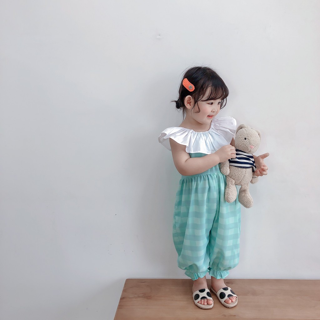 Áo liền quần cổ nhún bèo thời trang Hàn Quốc dành cho bé gái
