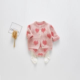 Bộ áo liền quần / áo khoác cardigan họa tiết trái tim dành cho bé gái