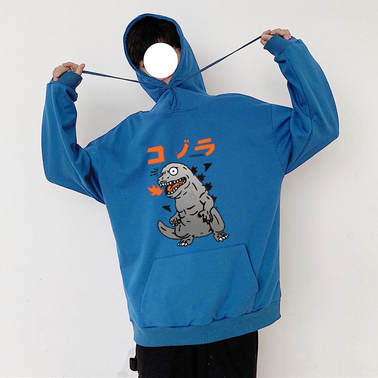 Áo hoodie nam nữ màu xanh in hình khủng long dễ thương dưới 65kg mặc vừa