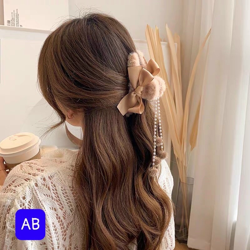 Kẹp tóc phối lông tua rua phong cách hàn quốc