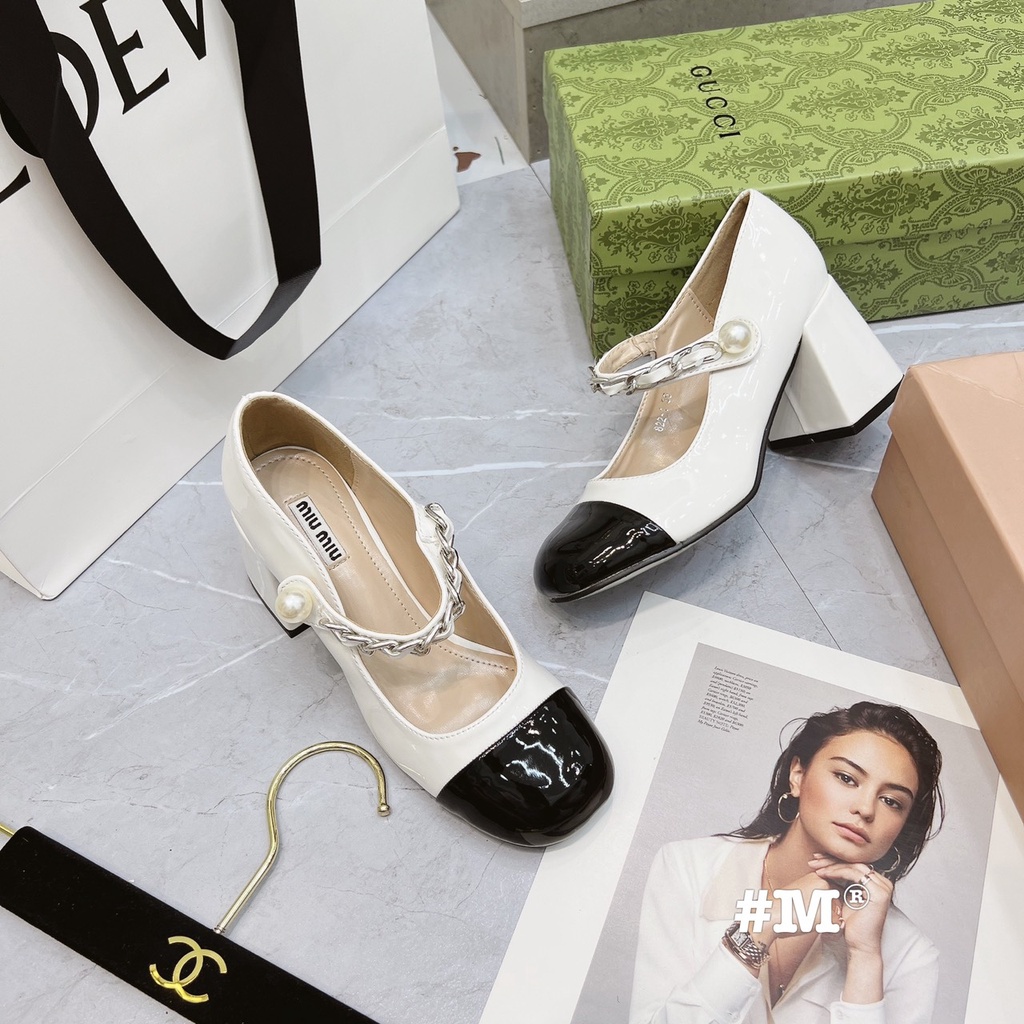 Giày nữ gót vuông 7f Miumiu da bóng pha mui, quai xích siêu xinh