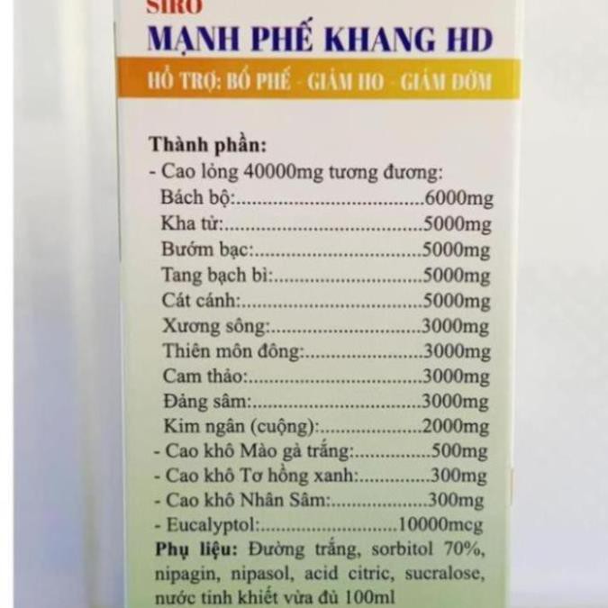 Siro ho Mạnh Phế Khang HD giảm ho, giảm đờm, bổ phế, giảm khô rát cổ họng - Hộp 10 ống