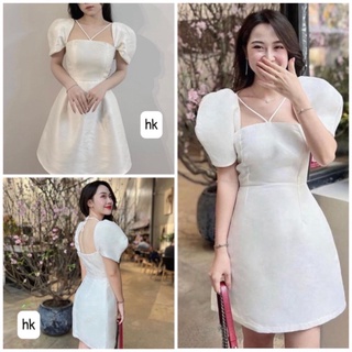 Váy Baby Doll Màu Trắng Khoá Lưng Cổ Vuông Tay Bồng, Đầm Nữ Trắng tiểu Thư, Mặc Sống Ảo, Chụp Kỷ Yếu , 2 Lớp