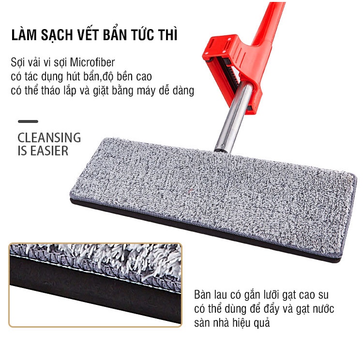 Cây lau nhà tự vắt Kitimop-Red có con lăn trợ lực , vắt khô 95%, bàn lau xoay 360 độ,  lau sạch khô nhanh, 3 miếng lau