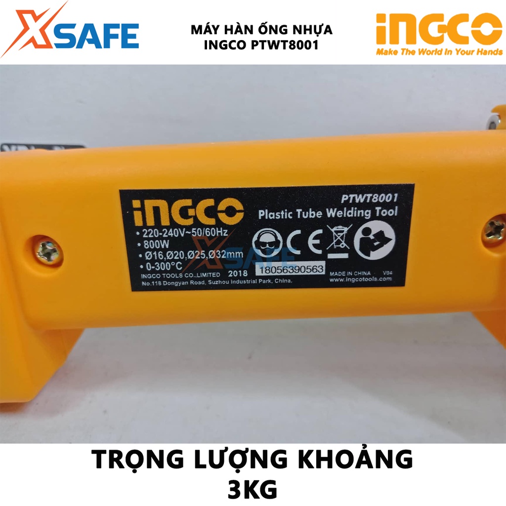 Máy hàn ống nhựa INGCO PTWT8001 Máy hàn nhiệt 800W, điều chỉnh nhiệt từ 0-300 độ, kèm 1 bộ socket nhiệt 16, 20, 25, 32mm