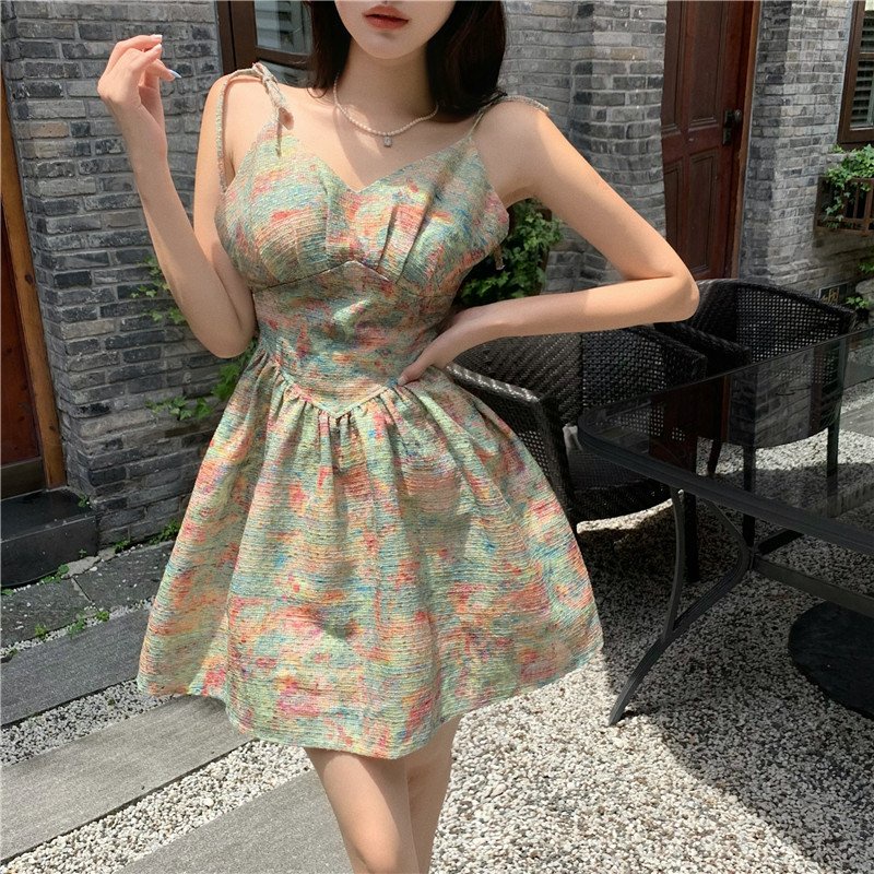 Váy Đầm 2 dây kiểu Hàn Quốc đi biển xếp ly dự tiệc, váy dáng ngắn xòe hở lưng thiết kế sang chảnh 535 DK1T307