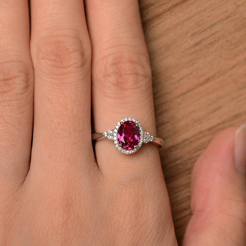 Nhẫn Mạ Bạc Đính Đá Ruby Nhân Tạo Hình Oval Thời Trang Cho Nữ