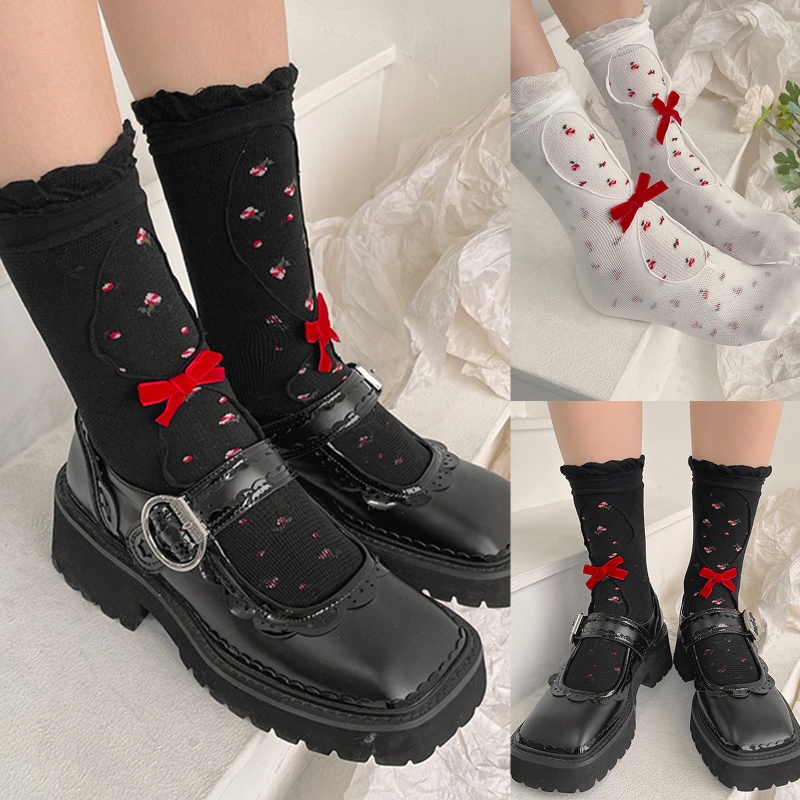 Youyo Vớ Lưới Hai Lớp Rỗng In Hoa Khoét Rỗng Viền Bèo Nhún Phong Cách Lolita Nhật Bản Ngọt Ngào Cho Nữ