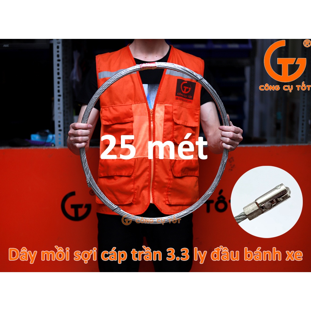 Dây mồi luồn ống sợi cáp trần 3.3mm đầu bánh xe dài 25m