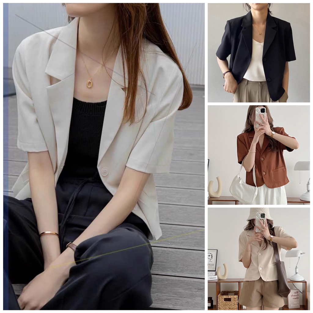 Áo blazer nữ cộc tay dáng ngắn 2 cúc có độn vai