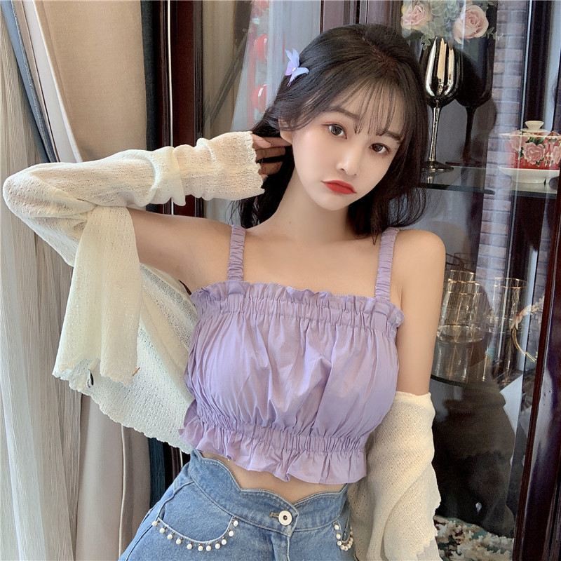 Áo Croptop 2 Dây Đũi - Áo Dây Thun Nữ Viền Bèo 2 Màu