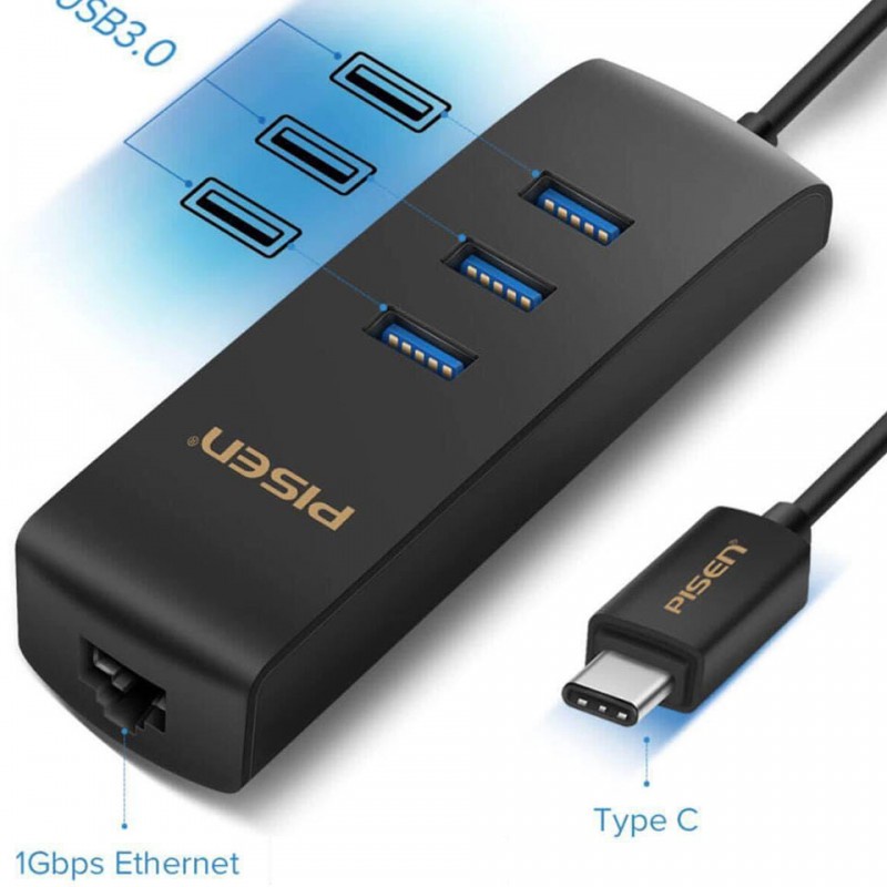 Bộ chia PISEN Type-C 4 trong 1 (USB3.0x3, LAN x1 ) - (TS-E116) - Hàng chính hãng