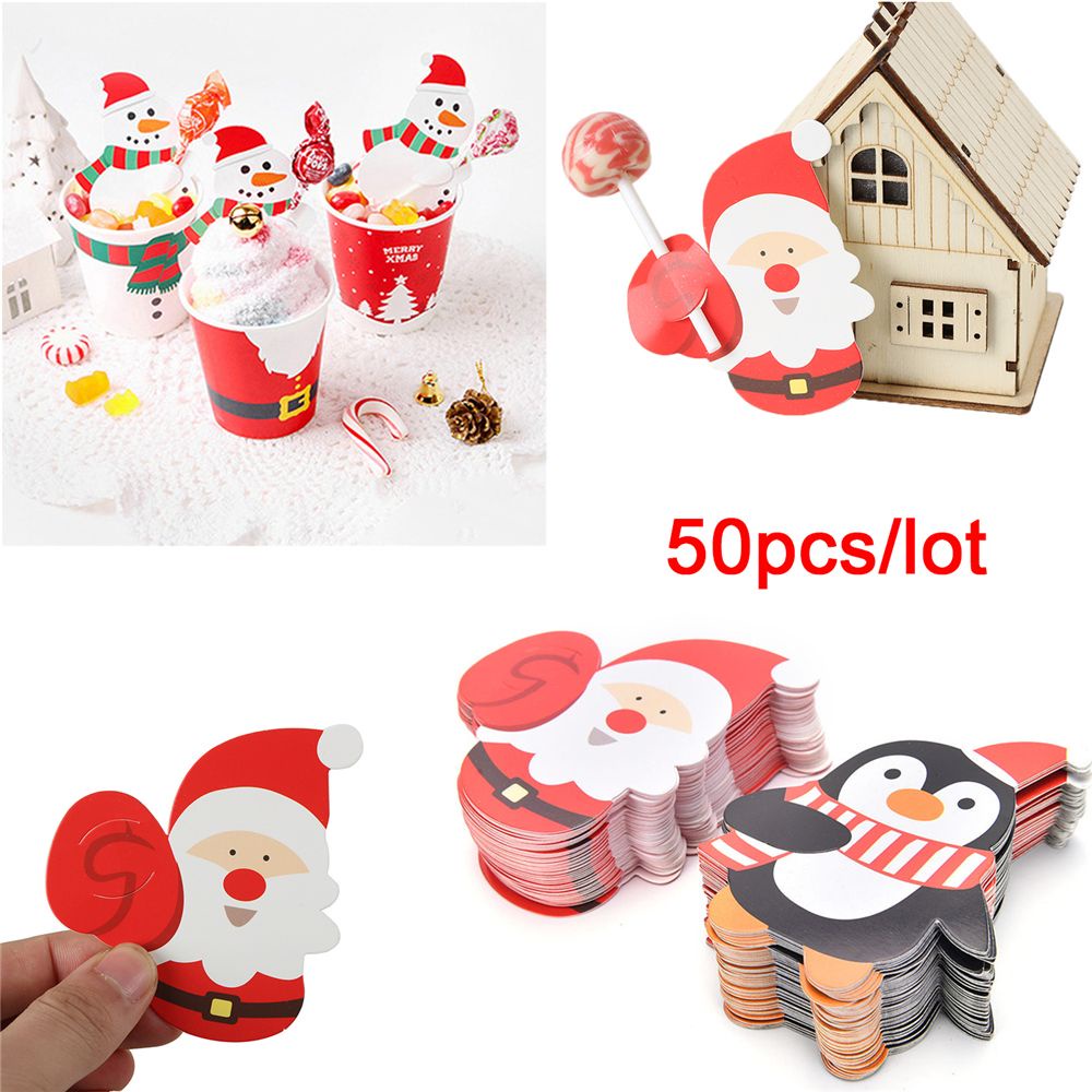 Set 50 Thẻ Giấy Hình Ông Già Noel / Người Tuyết / Chim Cánh Cụt Dễ Thương Trang Trí Hộp Quà Giáng Sinh Diy