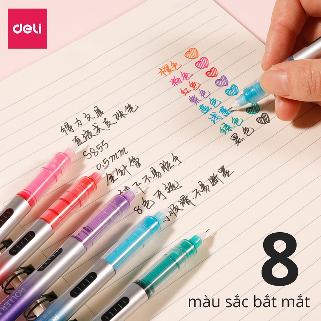 Bộ bút mực gel Deli 8 màu nhanh khô vỏ đáng yêu dùng cho trường học/ văn phòng