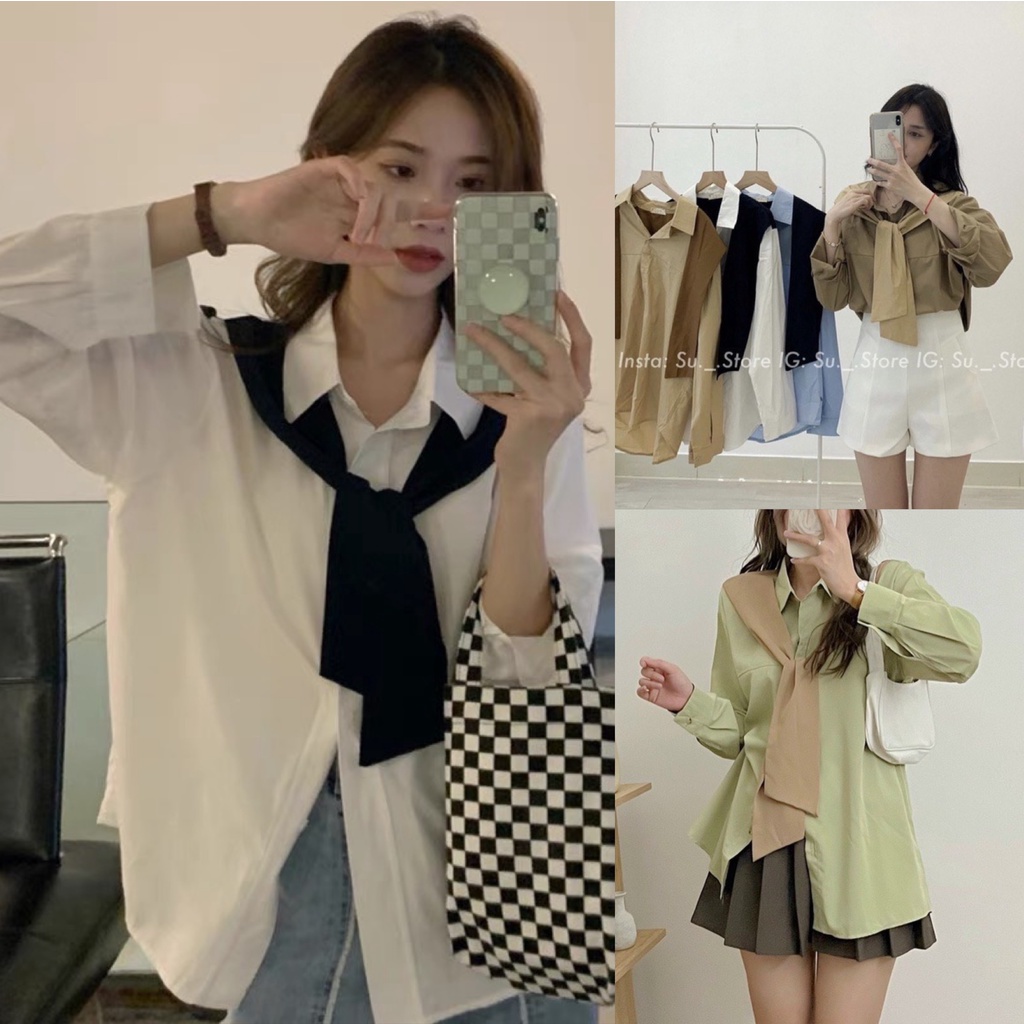 Áo sơ mi HQ kèm khăn liền áo, Áo kiểu cổ quàng khăn 4 màu phong cách đơn giản năng động thủy thủ