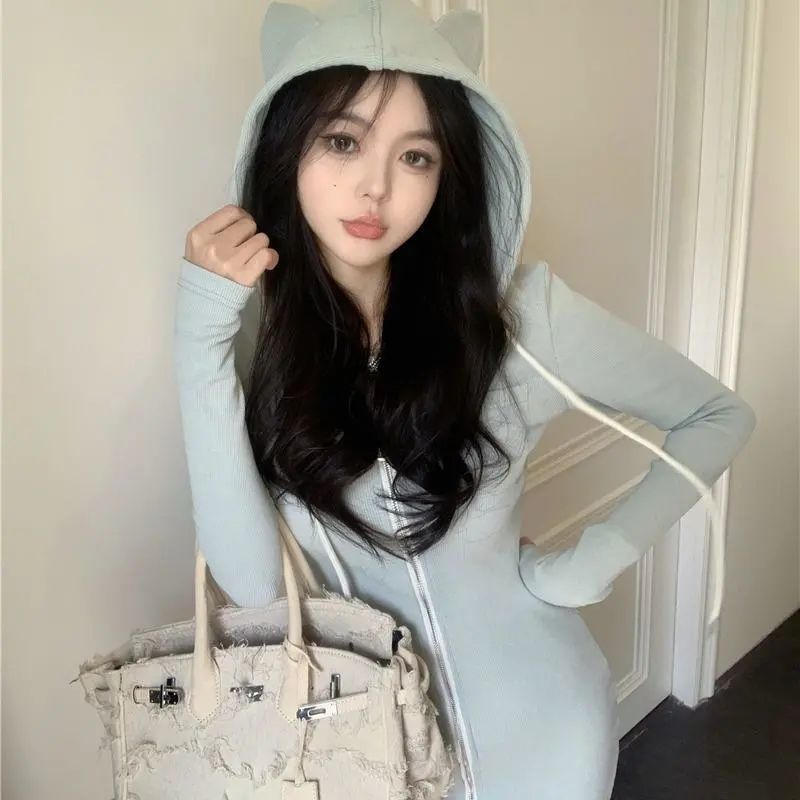 COZOK Đầm Dài Tay Có Mũ Phối Dây Rút Thời Trang