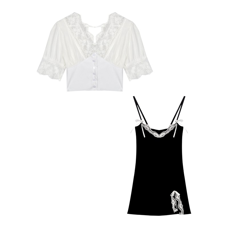 [Mã WAMT1505 giảm 10K đơn 0K] Set Bộ Áo Ren Trắng Cộc Tay Mix Váy 2 Dây Đen Ôm Body Xẻ Tà Phong Cách Sexy S00127 | BigBuy360 - bigbuy360.vn