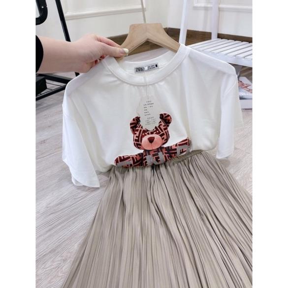 [ 𝐅𝐑𝐄𝐄 𝐒𝐇𝐈𝐏 ] SET ÁO PHÔNG GẤU MIX CHÂN VÁY DẬP LY DÁNG DÀI SIÊU XINH