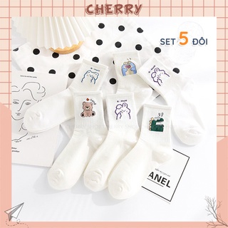Tất cổ cao nữ chất liệu cotton, set 5 đôi vớ nữ họa tiết hoạt hình dễ thương - Cherry Shop