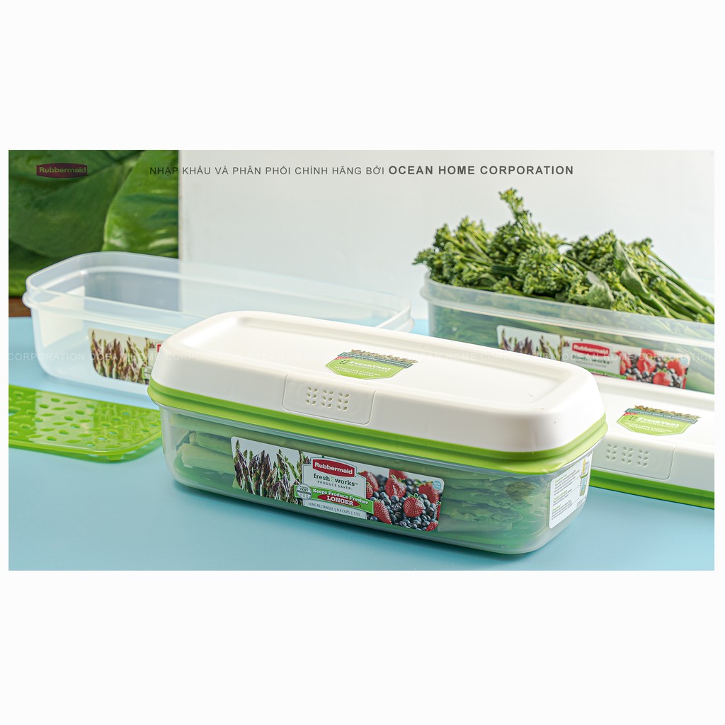 Hộp bảo quản rau củ quả RUBBERMAID có nắp màu xanh bằng nhựa nguyên sinh cao cấp loại 1,9L - Chính Hãng từ Mỹ