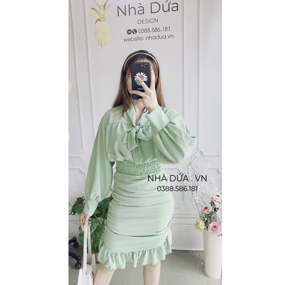 [hình + video thật] Sét áo cổ nơ kèm váy nhún thanh lịch - set trang phục mặc đi học đi chơi đi làm- áo nơ kèm chân váy | BigBuy360 - bigbuy360.vn