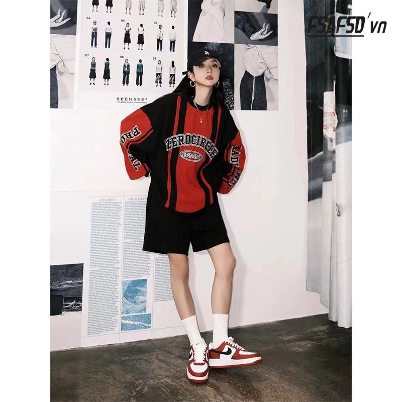 Áo Nỉ Nữ Dài Tay Cổ Tròn Màu Đen / Đỏ Thời Trang Hàn