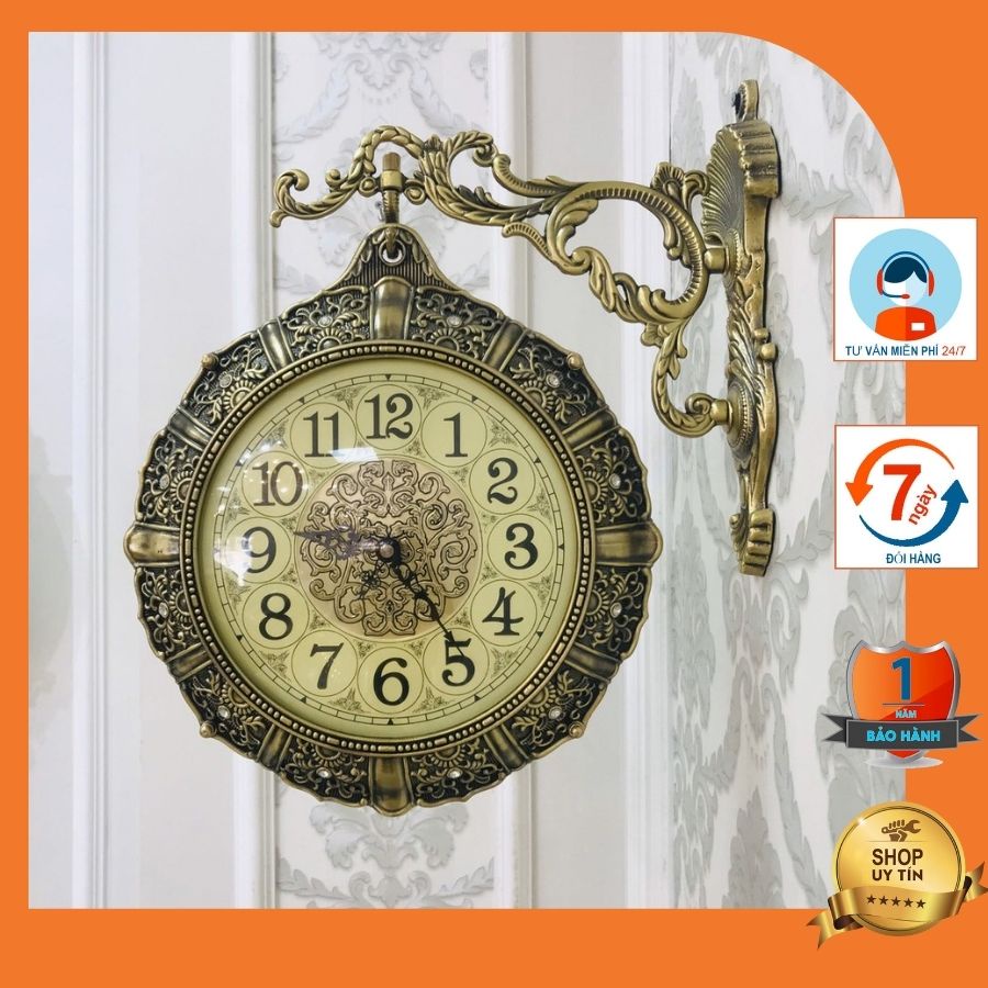 Đồng hồ treo tường TÂN CỔ ĐIỂN 2 mặt đúc nổi tinh xảo DHTT19 - chạy pin, kim trôi siêu tĩnh âm.