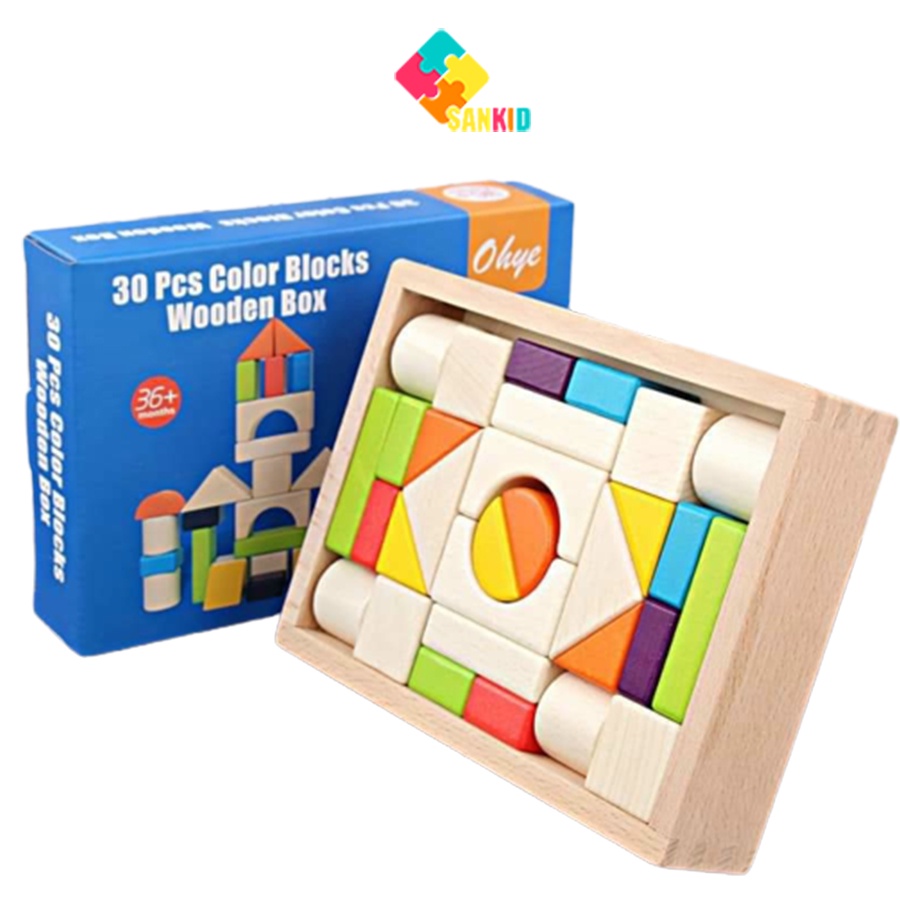 Bộ xếp hình xây dựng 30 chi tiết kèm hộp đựng - Đồ chơi gỗ cho bé