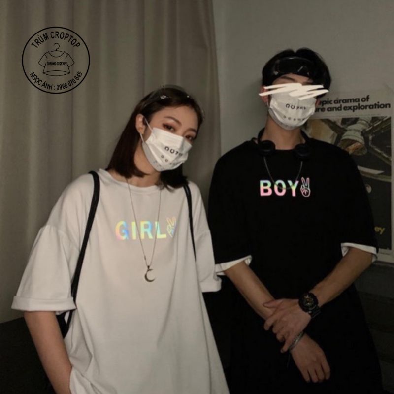 Áo Phông Phản Quang Unisex , Áo Thun Tay Lỡ In Chữ Boy + Girl