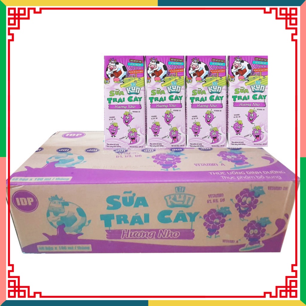 Thùng Sữa hoa trái Lif Kun 180ml Đủ Vị: Cam, Dâu, Nho, hoa trái nhiệt đới gió mùa