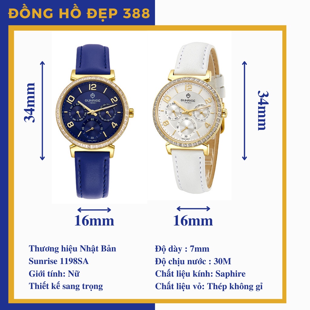 Đồng hồ nữ chính hãng dây da Sunrise 9806BA sapphire chống xước, chống nước, bảo hành 12 tháng