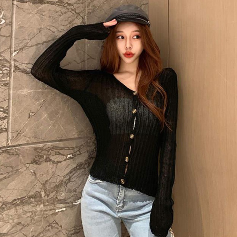 Áo khoác cardigan dệt kim tay dài cổ chữ V màu trơn phong cách Hàn Quốc cho nữ