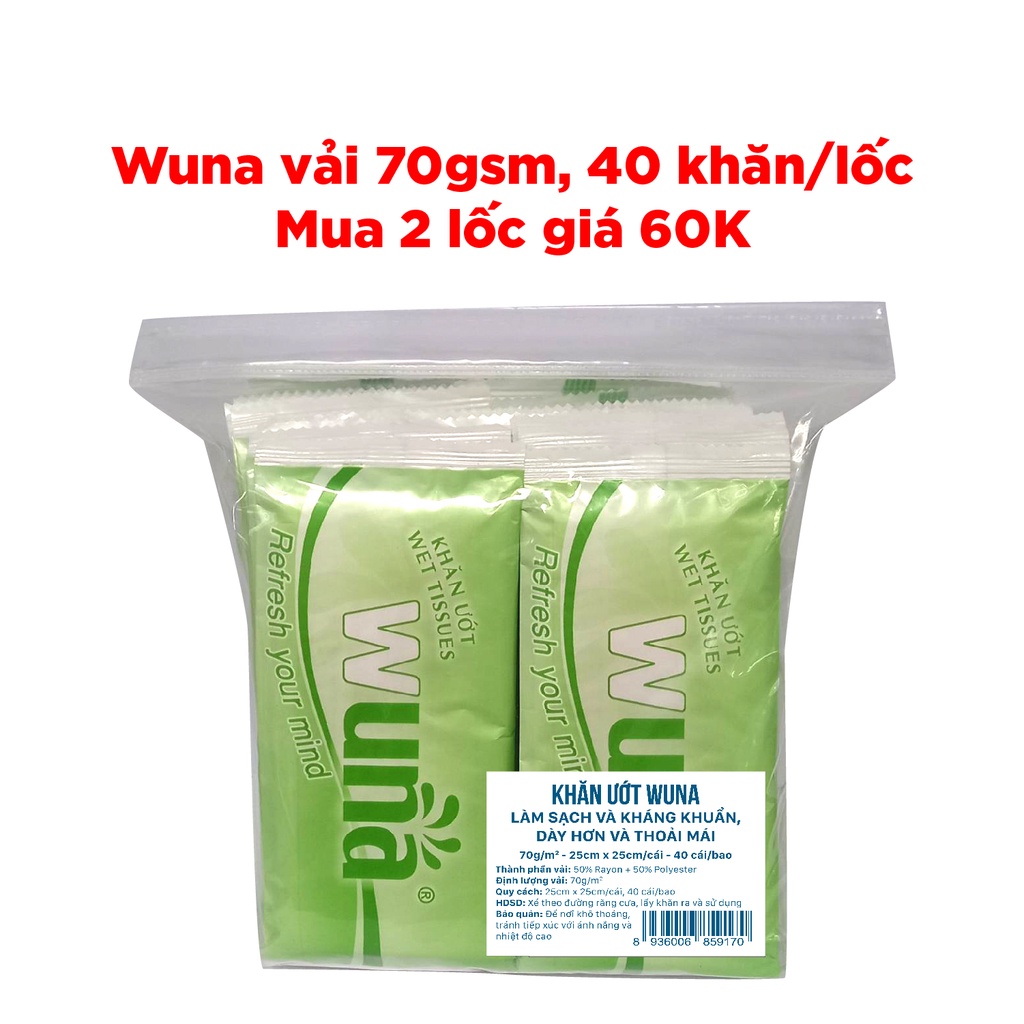 Lốc 40 Khăn Ướt Đơn Wuna Làm Sạch Kháng Khuẩn Siêu Dày 70 gram 25*25cm