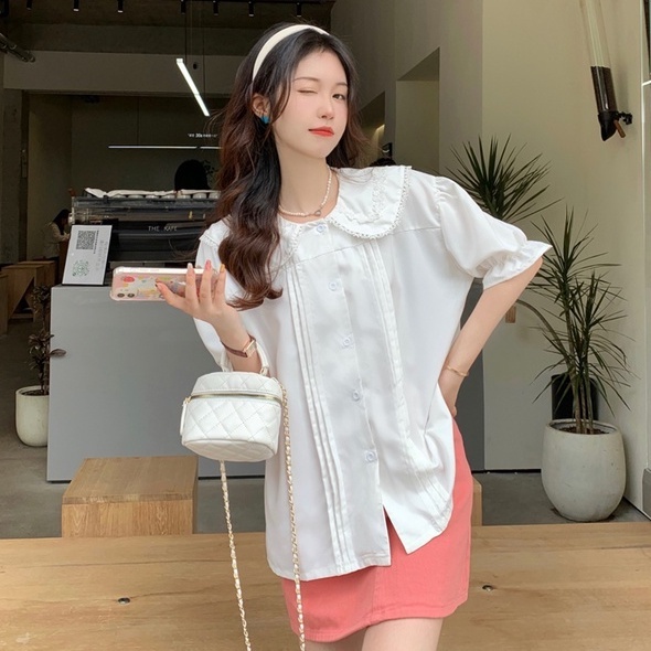 【ZHELIHANGFEI】Áo Sơ Mi Tay Ngắn Cổ Búp Bê Đính Tai Thỏ Kiểu Nhật Bản Dễ Phối Đồ