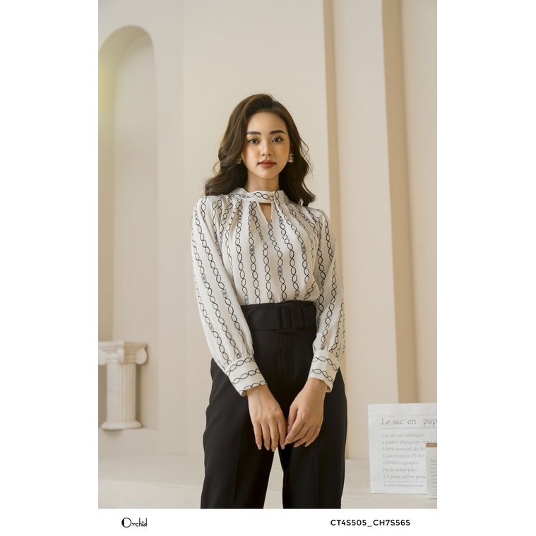 Áo sơ mi lụa dài tay họa tiết mắt xích, cổ tròn cut out - Vải lụa cao câp - Orchid CT4S505