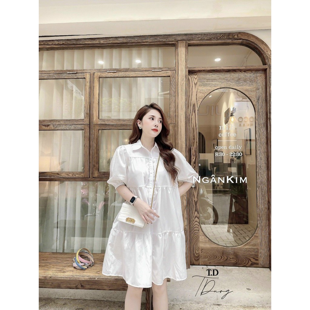 Váy bầu công sở thời trang Aidenshop đầm bầu suông thô lụa mát cộc tay cổ đức màu trắng mùa hè 2021