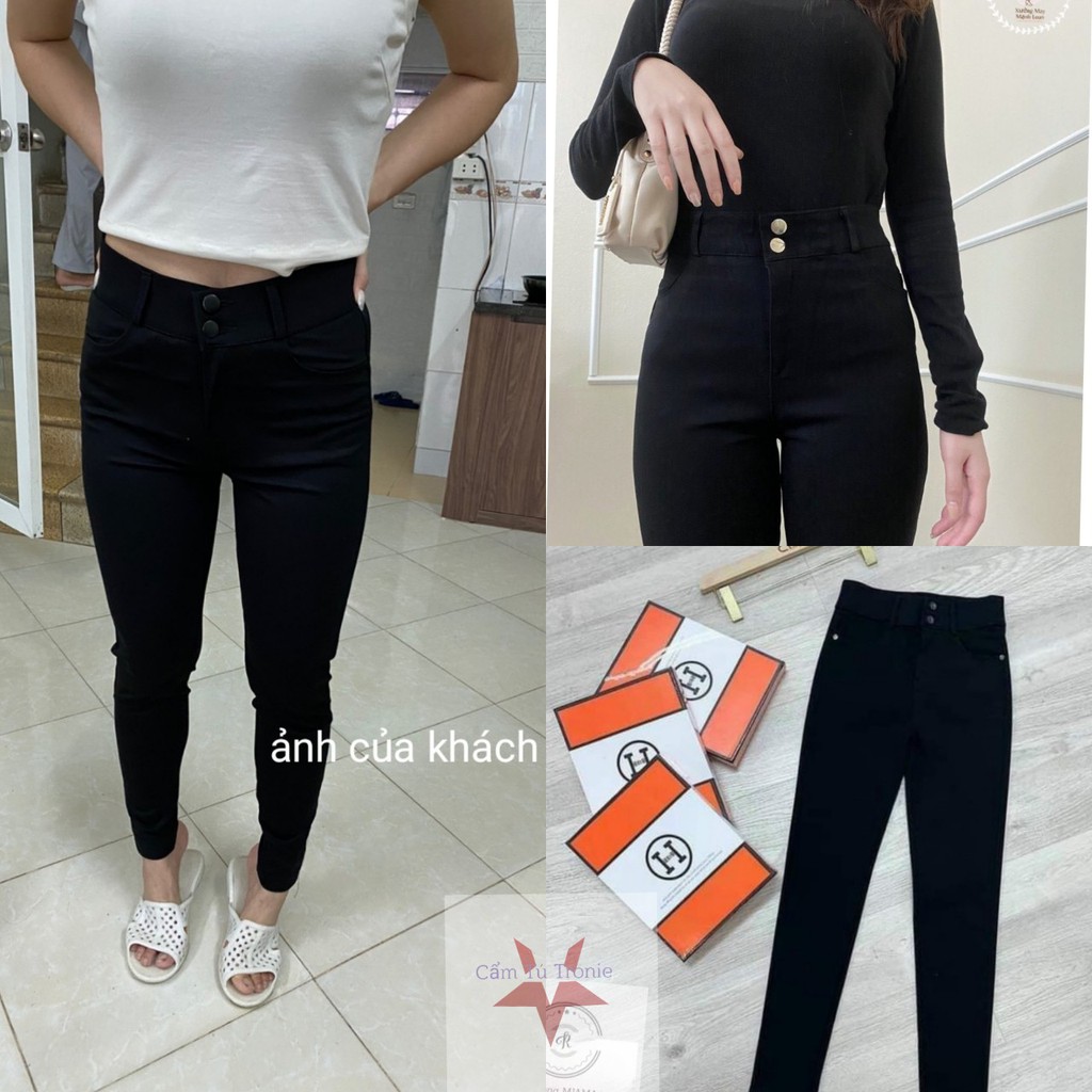 Quần legging cạp cao gen bụng 2 khuy có khóa chất vải UMì màu đen cao cấp co giãn - Quần legging nữ dài nâng mông có túi