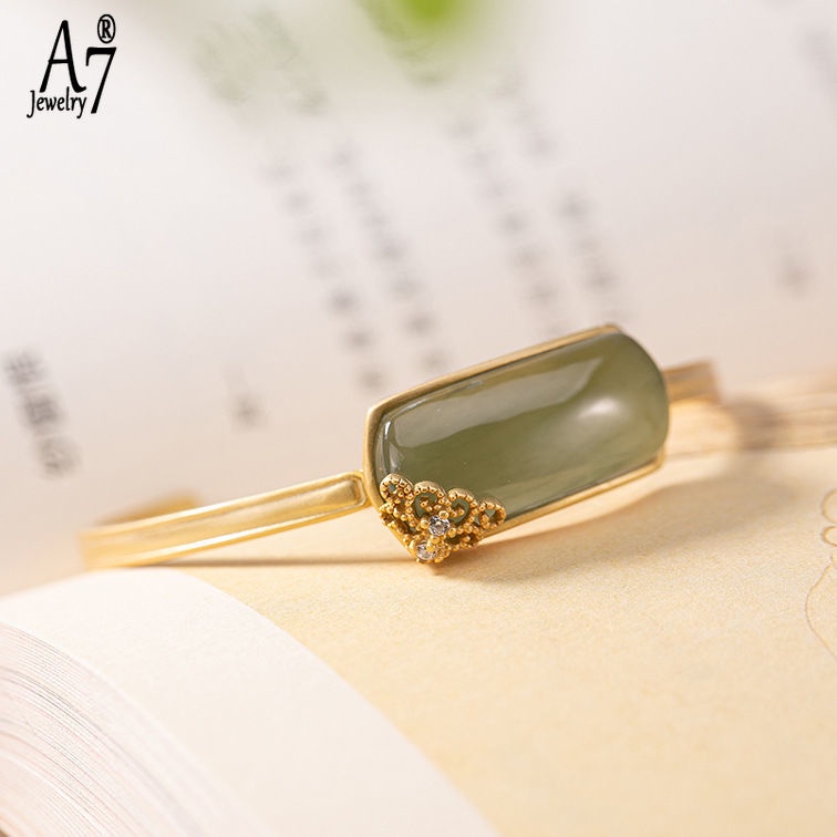 Vòng Tay Bạc 925 A7 S925 Dạng Hở Đính Đá Sapphire Hình Chữ Nhật Phong Cách Retro Cho Nữ