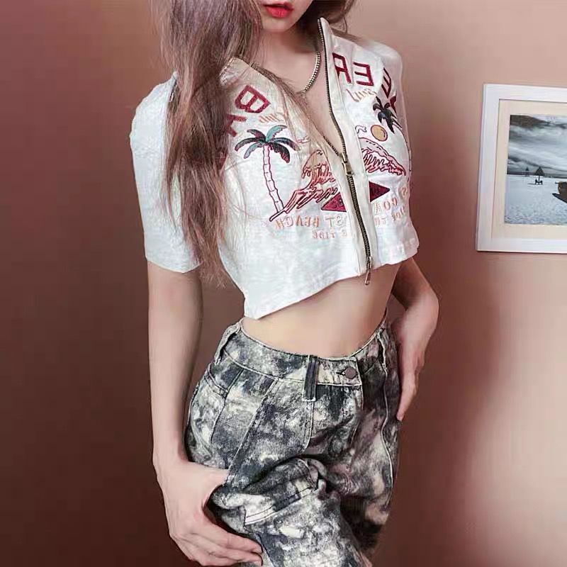 Áo Thun Cotton Ngắn Tay Thêu Họa Tiết Retro Mỹ Thời Trang Cho Nữ