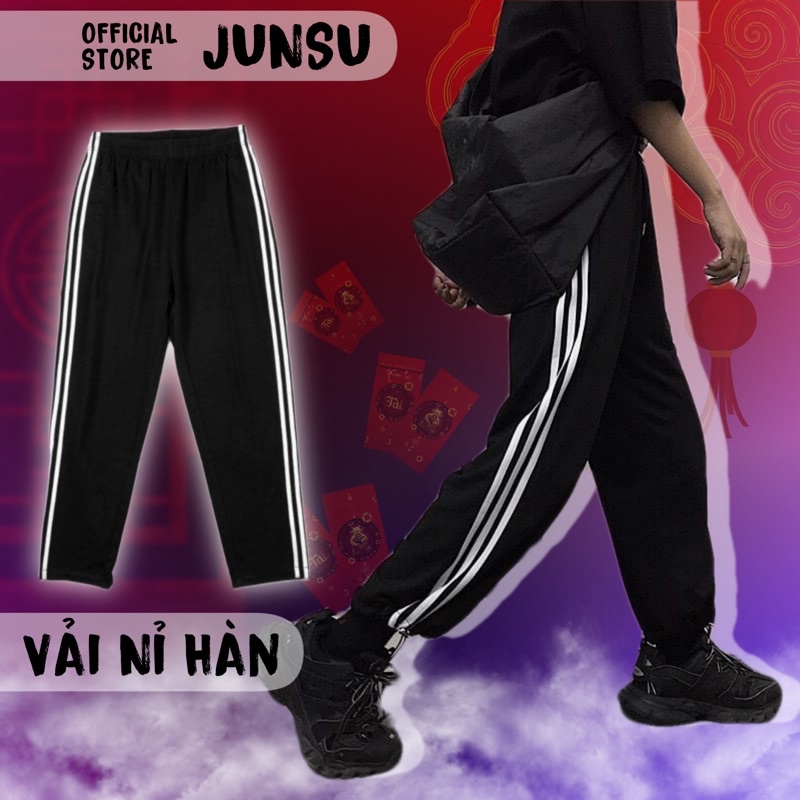 Quần thể thao nam nữ 3 sọc Basic Unisex ống rộng dáng suông Jogger vải nỉ co giãn dây rút Thời Trang JUNSU