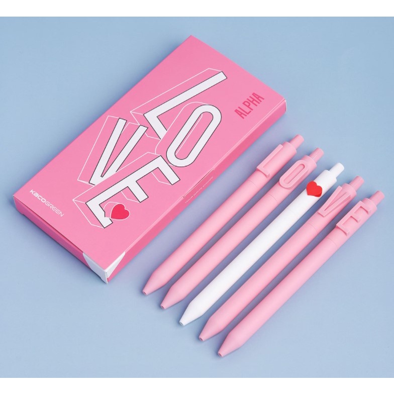 Set 5 bút gel pen Kaco trái tim Love viết sổ tay, nhiều màu làm quà tặng phụ kiện văn phòng phẩm Laluna- A64