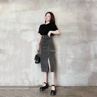 Chân váy jean dáng dài túi kiểu