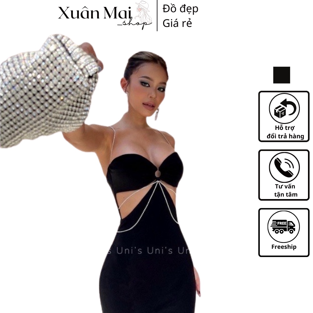[FREESHIP] Đầm thiết kế đi tiệc form dài loe đuôi cá đính đá khoen ngực khoét eo màu đen gợi cảm